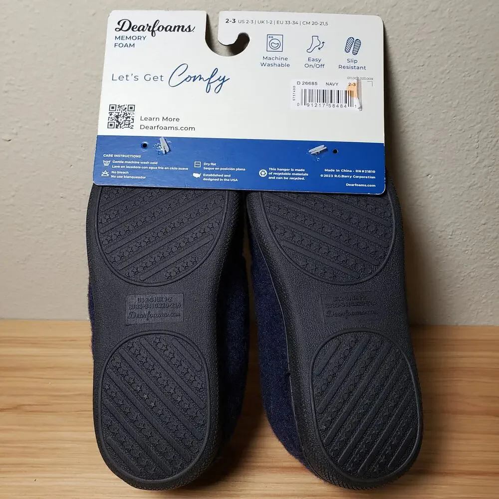 Dearfoams Kids Size 2/3 Memory Foam Slippers‎ Navy Blue Slip On Washable New